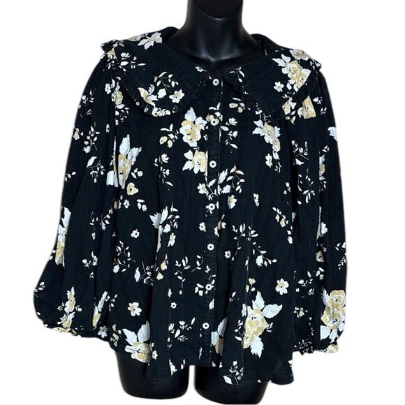 Free people women’s medium floral blouse Peter Pan collar puff sleeve button up - Picture 2 of 9